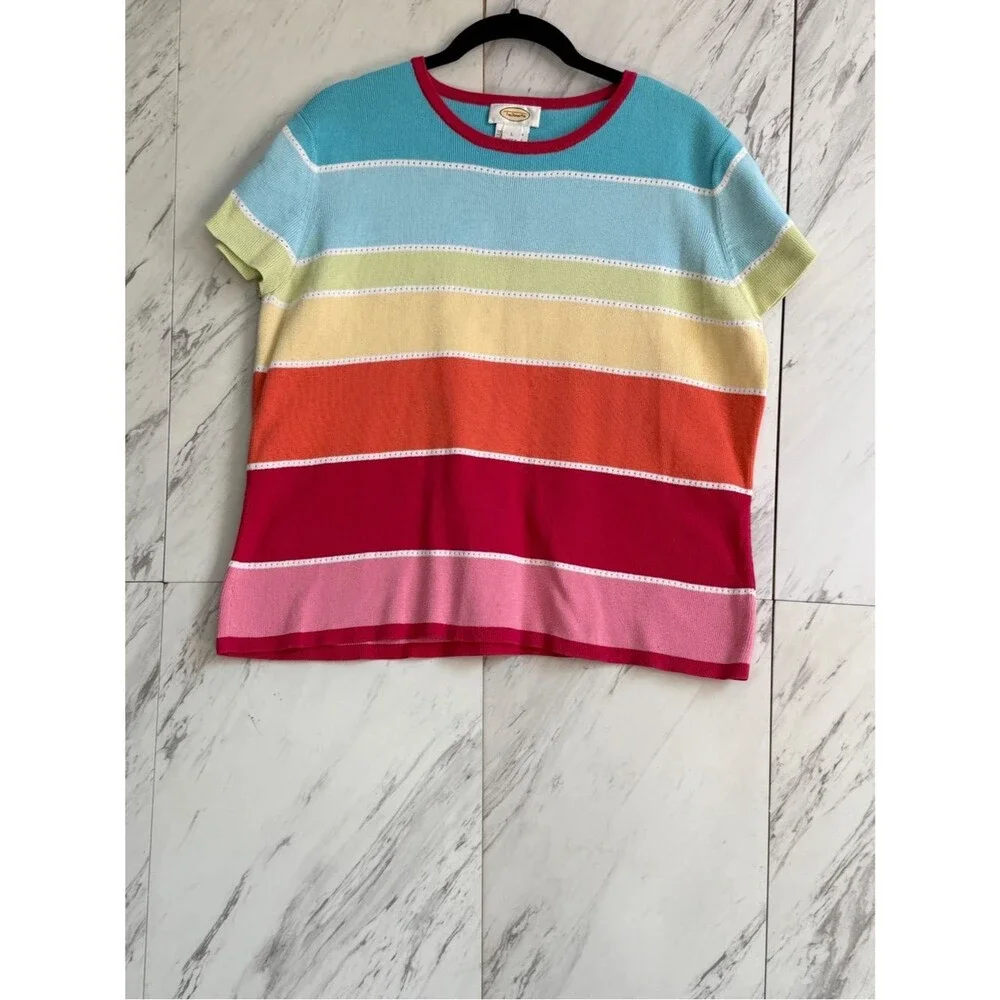 Talbots Rainbow Striped Pointelle Sunset Knit Top Tee Womens Large